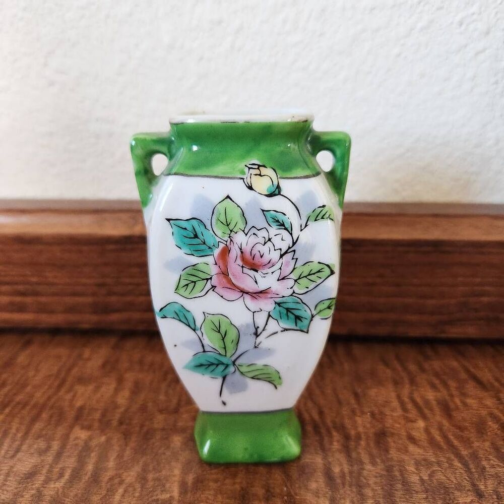 Japanese vase occupied Japan floral green cream home decor vintage miniature